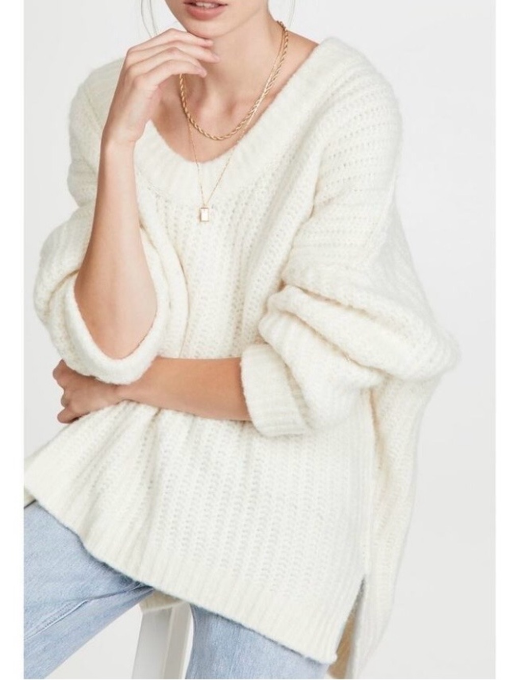 Free People Blue Bell V Neck Sweater Cream Oversized Slouchy Size Small